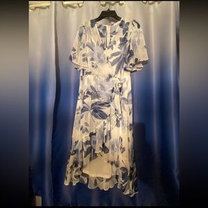 Calvin Klein White and Blue Floral with Sheer Flutter Sleeves Like New